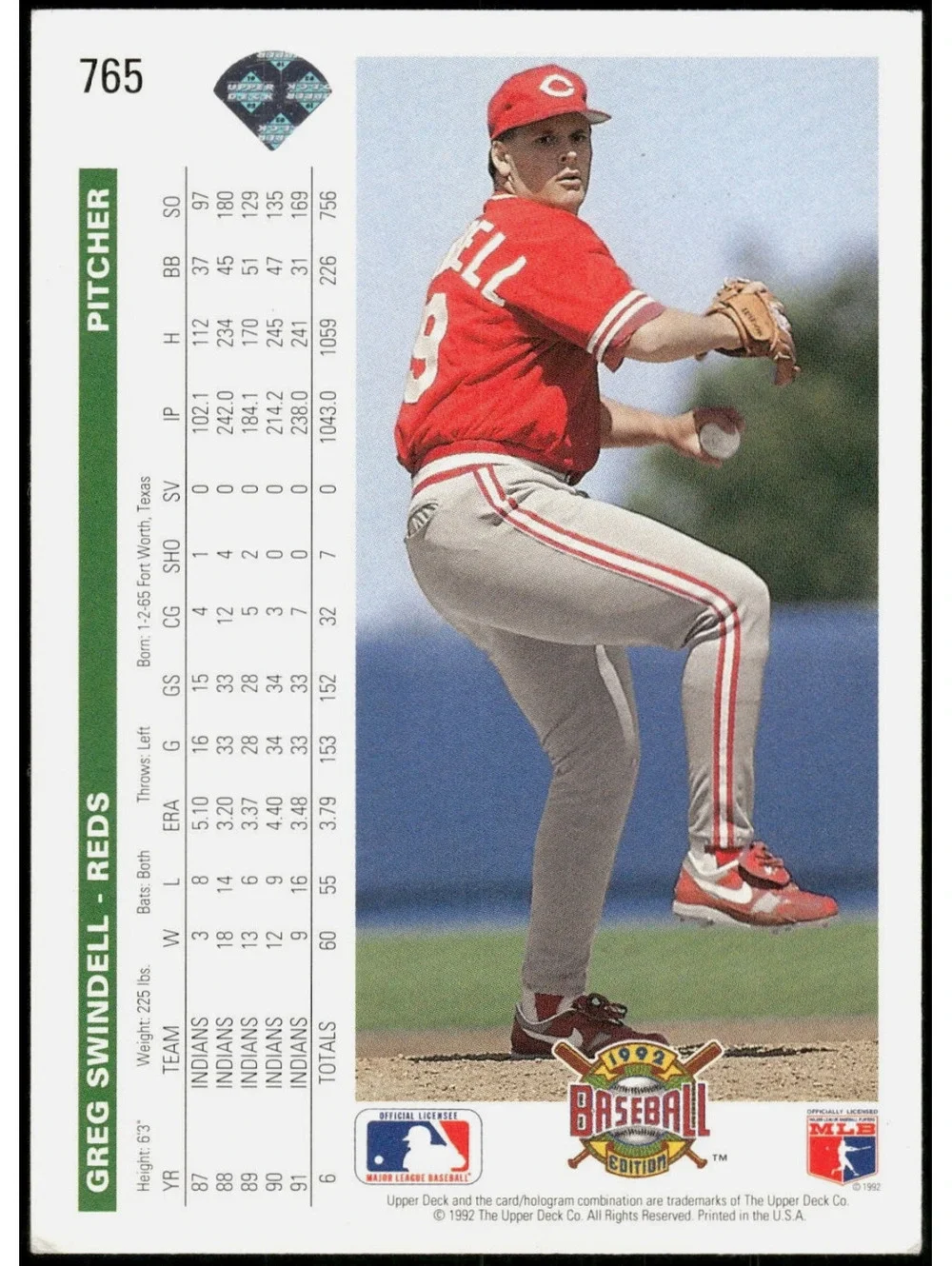 Greg Swindell 1992 Upper Deck MLB #765 Baseball Card Cincinnati Reds